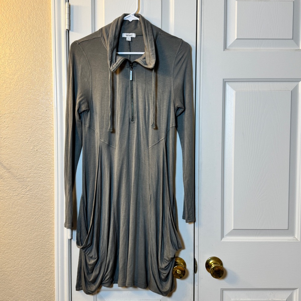 Kensie Long Sleeve Army Green Quarter Zip Jersey Dress Womens M-Stretchy & Comfy